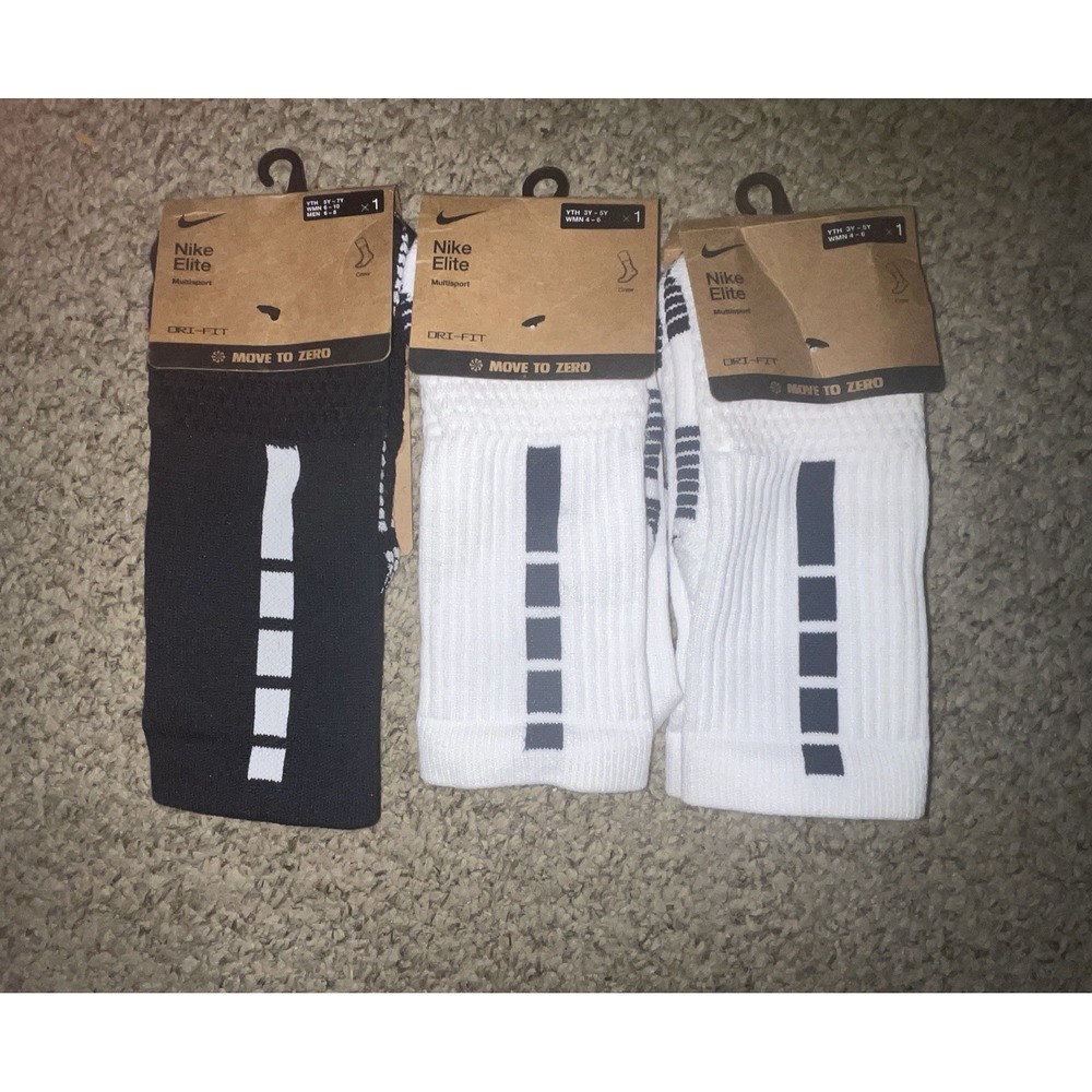 Nike Elite Crew Basketball Socks Dri-Fit Black White Youth 5Y-7Y Women 6-10 NWT